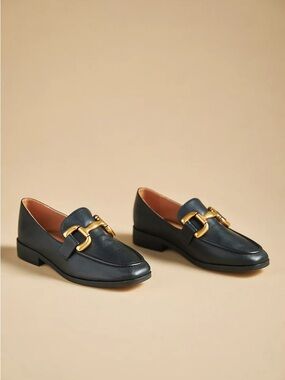 BiBi Lou Black Leather Zagreb Horsebit Slip-On Loafers with Gold Buckle Size 6
